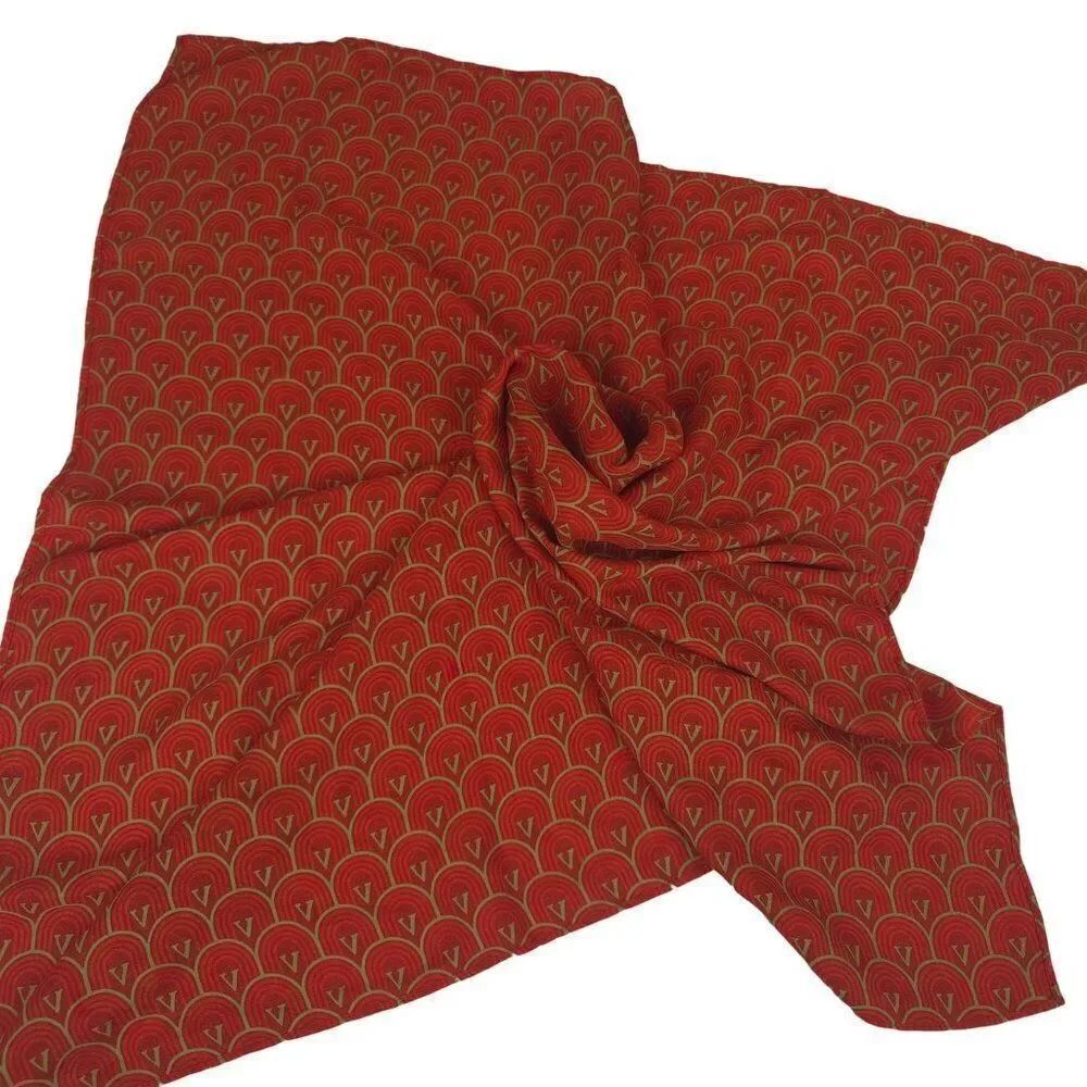 Vintage Valentino Orange Red Gold Scarf V Scallop Design Logo Square Polyester